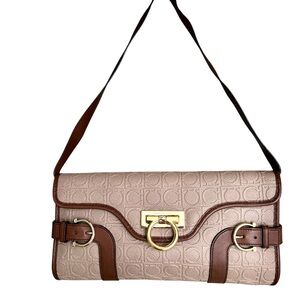 Salvatore Ferragamo Gancini Flap Shoulder Bag Brown Leather Embossed Signature